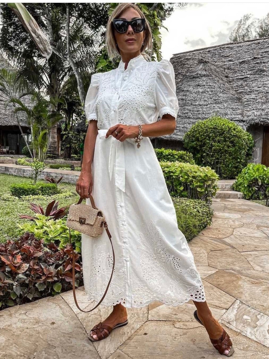 Hollow-out Short-sleeved Belted Long Dress