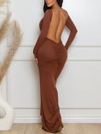 Kink Solid Color Waist-cinching Backless Long Dress