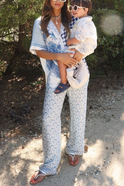 Short Sleeves Blouse Shirt Wide Leg Pants Color Block Unique Print Set