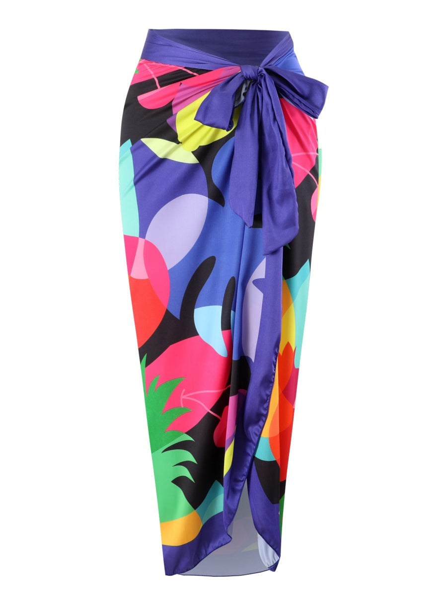 One-piece Swimsuit With Cross-over Print, Revealing Backpack And Hip-revealing Long Skirt (two-piece Set)