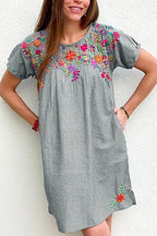 Side Split Pockets Floral Embroidered Dress