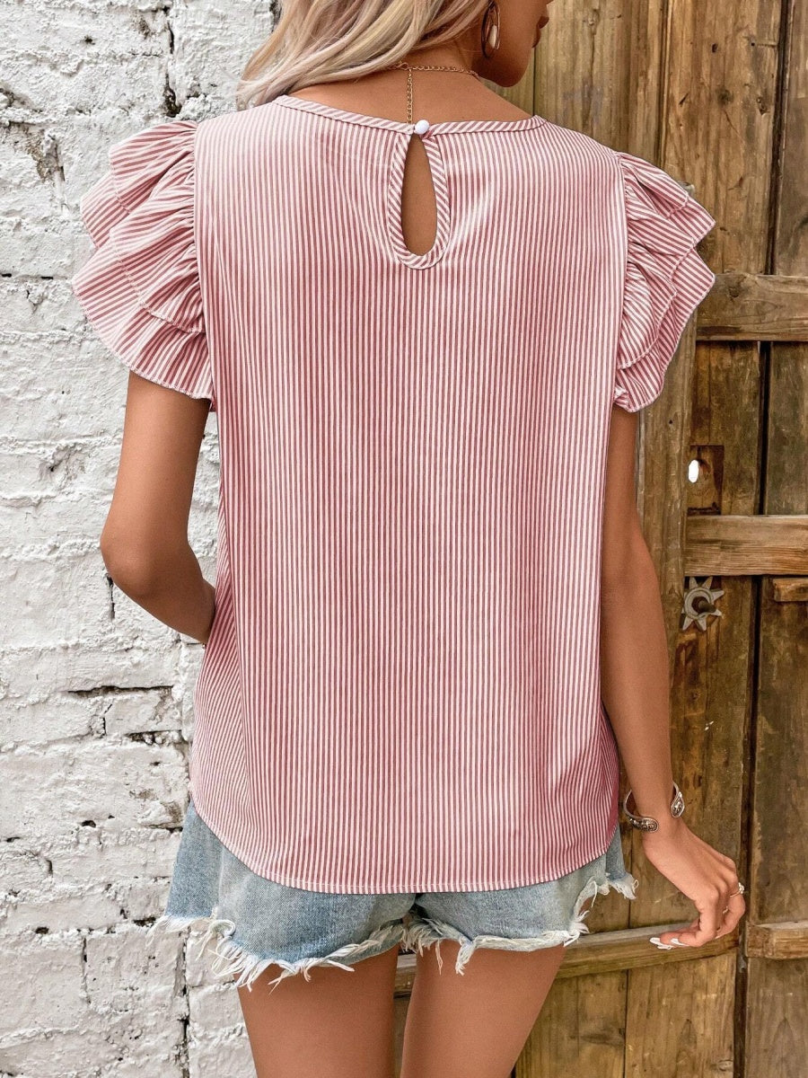 Round Neck Striped T-shirt With Ruffled Sleeves