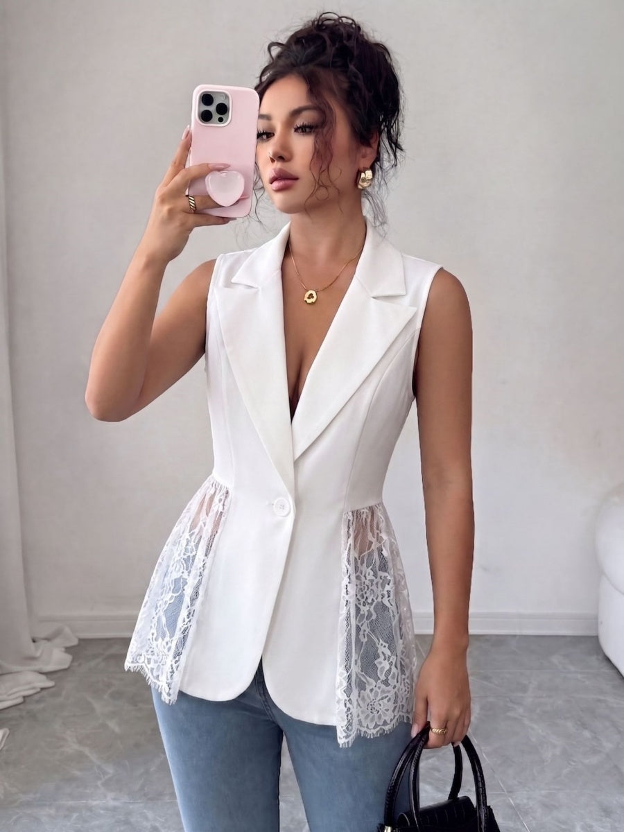 Lace Sleeveless Suit Splicing Hollow Vests