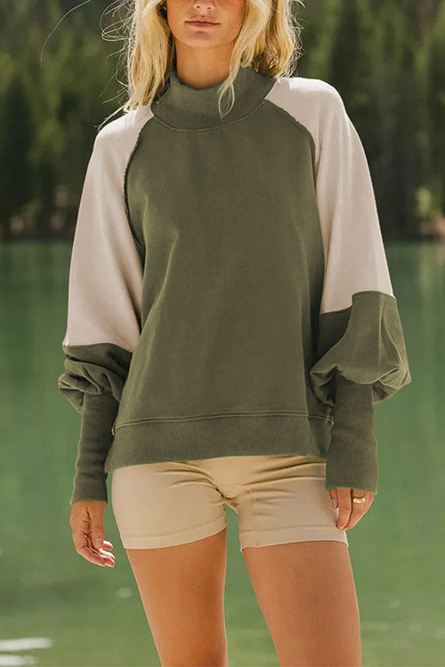 Mockneck Lantern Sleeves Color Block Sweatshirt