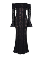 Lace Hollow Off Shoulder Flared Sleeves Hip-hugging Maxi Dresses