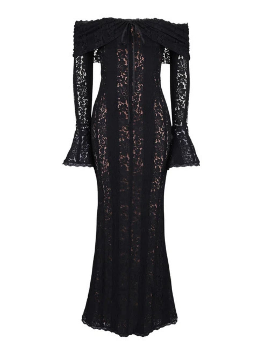 Lace Hollow Off Shoulder Flared Sleeves Hip-hugging Maxi Dresses