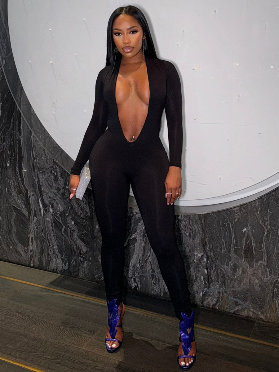 Deep V Backless Tight-fitting, Hip-lifting, Long-sleeved, Solid Color Bodysuits