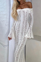 Off Shoulder Lace-Up Front Floral Lace Bell Sleeve Mermaid Maxi Dress