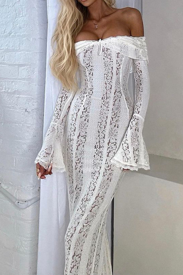 Off Shoulder Lace-Up Front Floral Lace Bell Sleeve Mermaid Maxi Dress