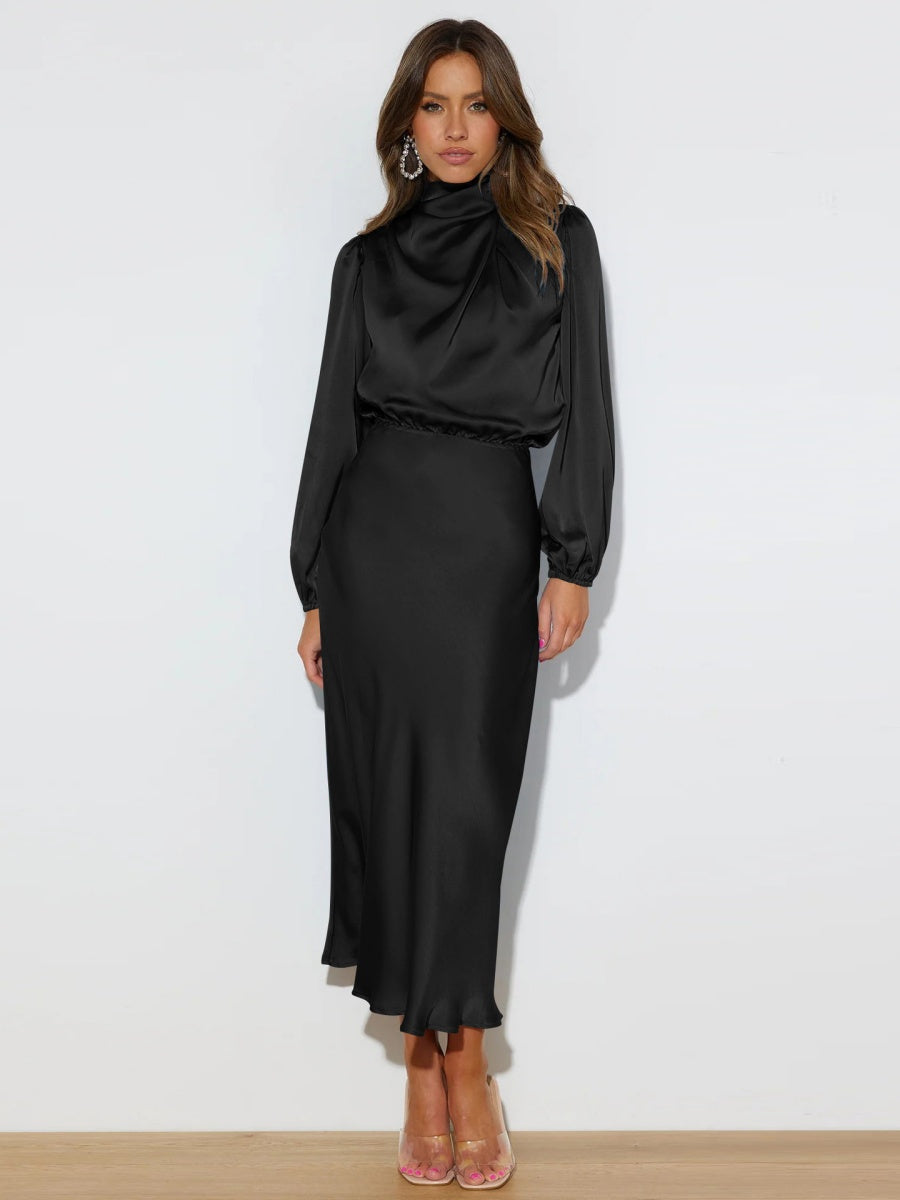 Satin Long Sleeve Zipper Solid Color Maxi Dresses