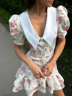 Waist Printed Floral Lapel Puff Sleeve Sweet Mini&Short Dresses