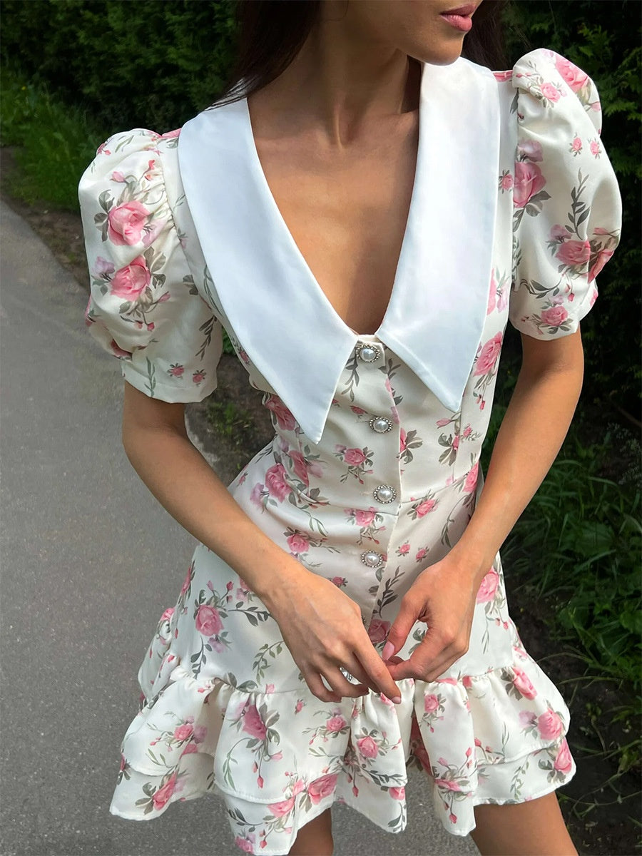 Waist Printed Floral Lapel Puff Sleeve Sweet Mini&Short Dresses