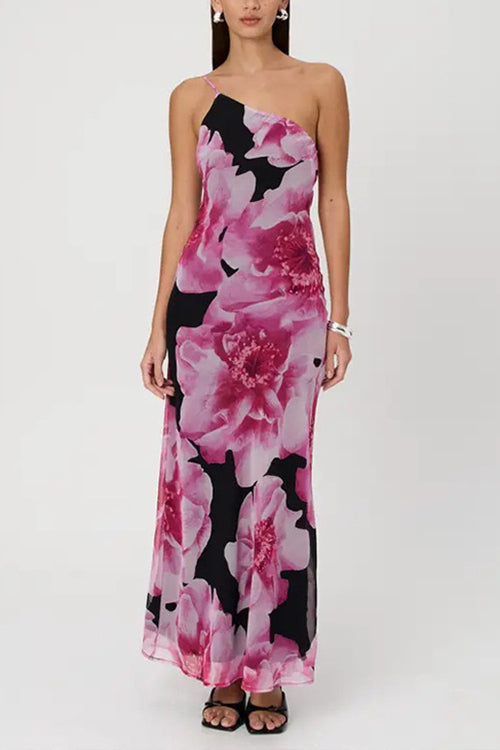 One Shoulder Cut Out Floral Print Maxi Cami Dress