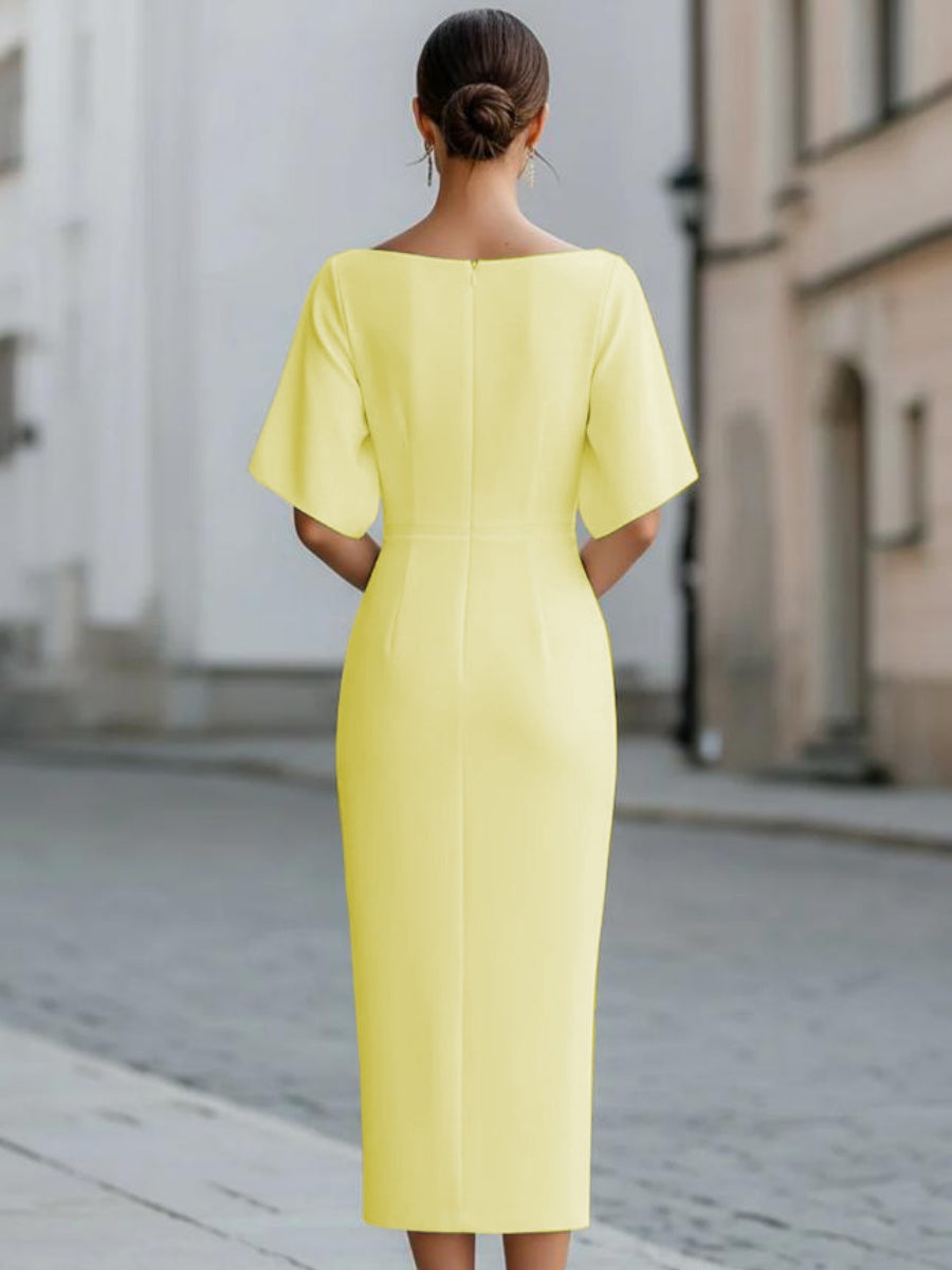 Grace One-shoulder Collar Mid-length Sleeves Slim-fit Midi Dresses