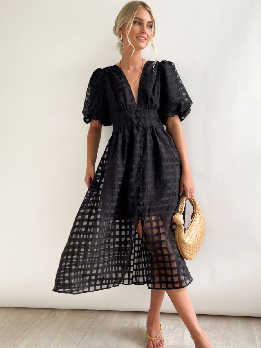Balloon Sleeve Color Hollow Temperament Midi Dresses