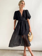 Balloon Sleeve Color Hollow Temperament Midi Dresses