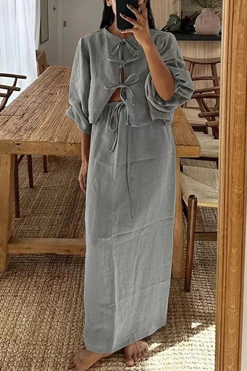 Puff Long Sleeves Lace-up Shirt Drawstring Waist Maxi Skirt Set