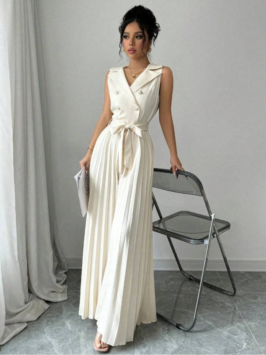 Commuting Suit Collar Pleated Pants Double-breasted Jumpsuits