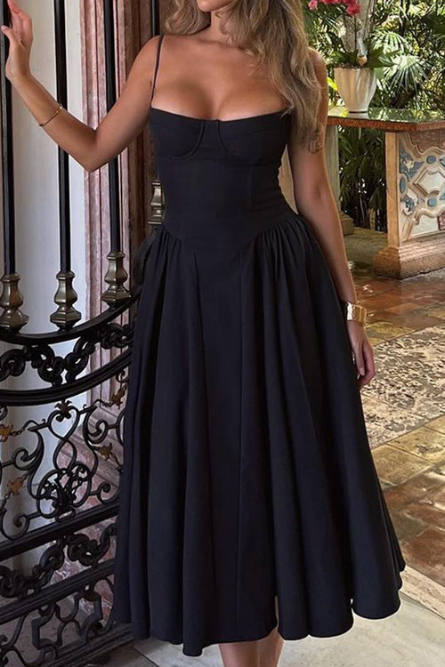 Corset Bustier Spaghetti Strap Basque Waist Gathered Full Midi Dress