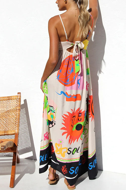 Tie Back Cut Out Graffiti Print Flowy Maxi Cami Dress