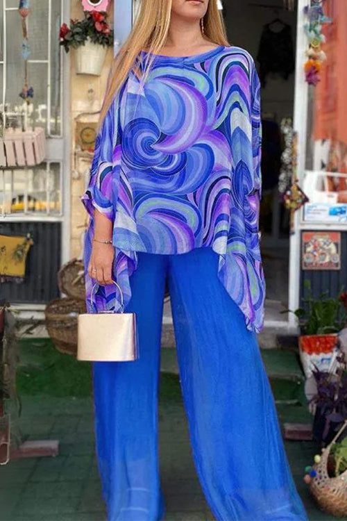 Printed Batwing Sleeves Irregular Top and Wide Leg Pants Chiffon Set