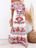Off-the-shoulder Red Floral Print Maxi Dress