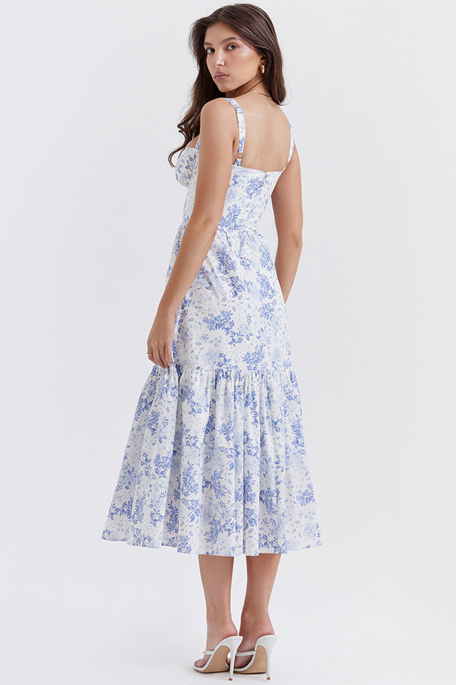 Sweetheart Bustier Wide Strap Floral Tiered Ruffle Midi Dress