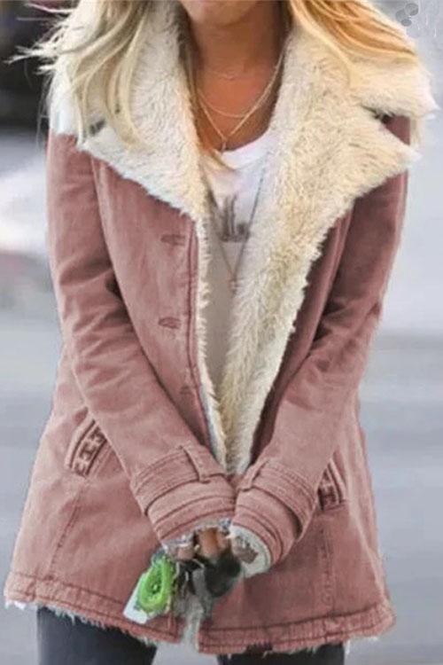 Lapel Button Down Pockets Fleece Lined Jacket