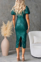 Puff Short Sleeves Back Slit Sequin Bodycon Midi Dress