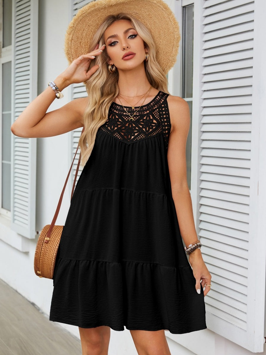 A-line Short Dress With Hollowed-out Lace Trim And Halter Neck