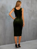 Square Neck, Slit, Bodycon Halter Top Velvet Midi Dress