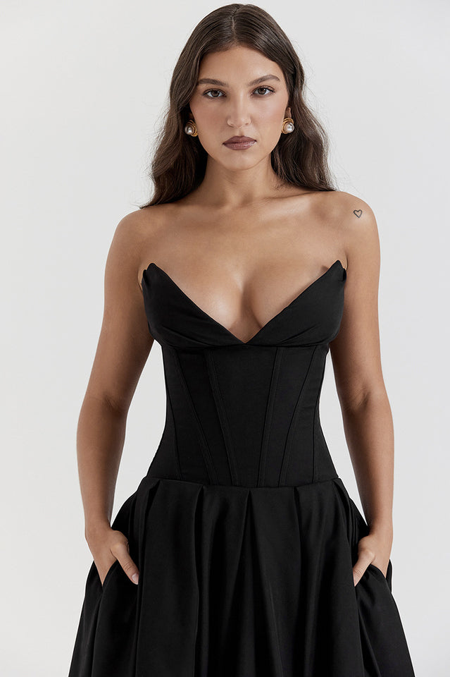 Strapless Plunging V-Neck Corset Bodice Box Pleat A-Line Midi Dress