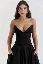 Strapless Plunging V-Neck Corset Bodice Box Pleat A-Line Midi Dress