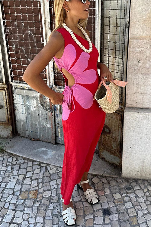 One Shoulder Drawstring Cut Out Floral Print Maxi Dress