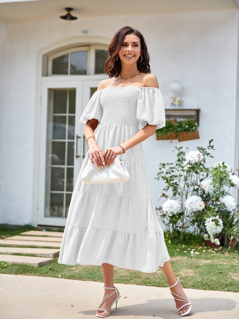 Square Neck, Backless, Puff Sleeve, Pleated Short-sleeved Long Dress
