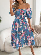 Ruffle Printed Vacation Off-shoulder Mini&Short Dresses