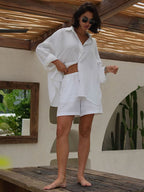 Pure Cotton Loose-fit Long-sleeved Shirt Loose Shorts Set 2-piece Sets