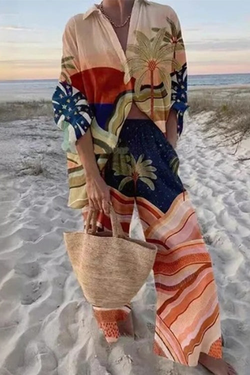Tropic Print Button Down Blouse Shirt Elastic Waist Wide Leg Pants Vacation Set