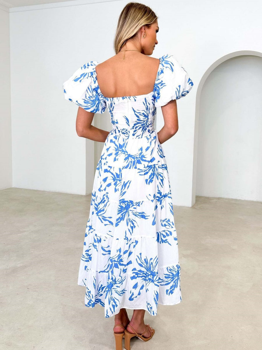 Printed Puff Sleeve Sweetheart Collar Vacation Maxi Dresses