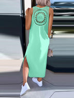 Simple Solid Color Sleeveless Long Dress With Openwork Floral Pattern On The Back