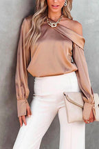 Cold Shoulder Long Sleeve Solid Satin Blouses