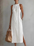 Halter Solid Color Lace Stitching Loose-fit Sundress Maxi Dresses