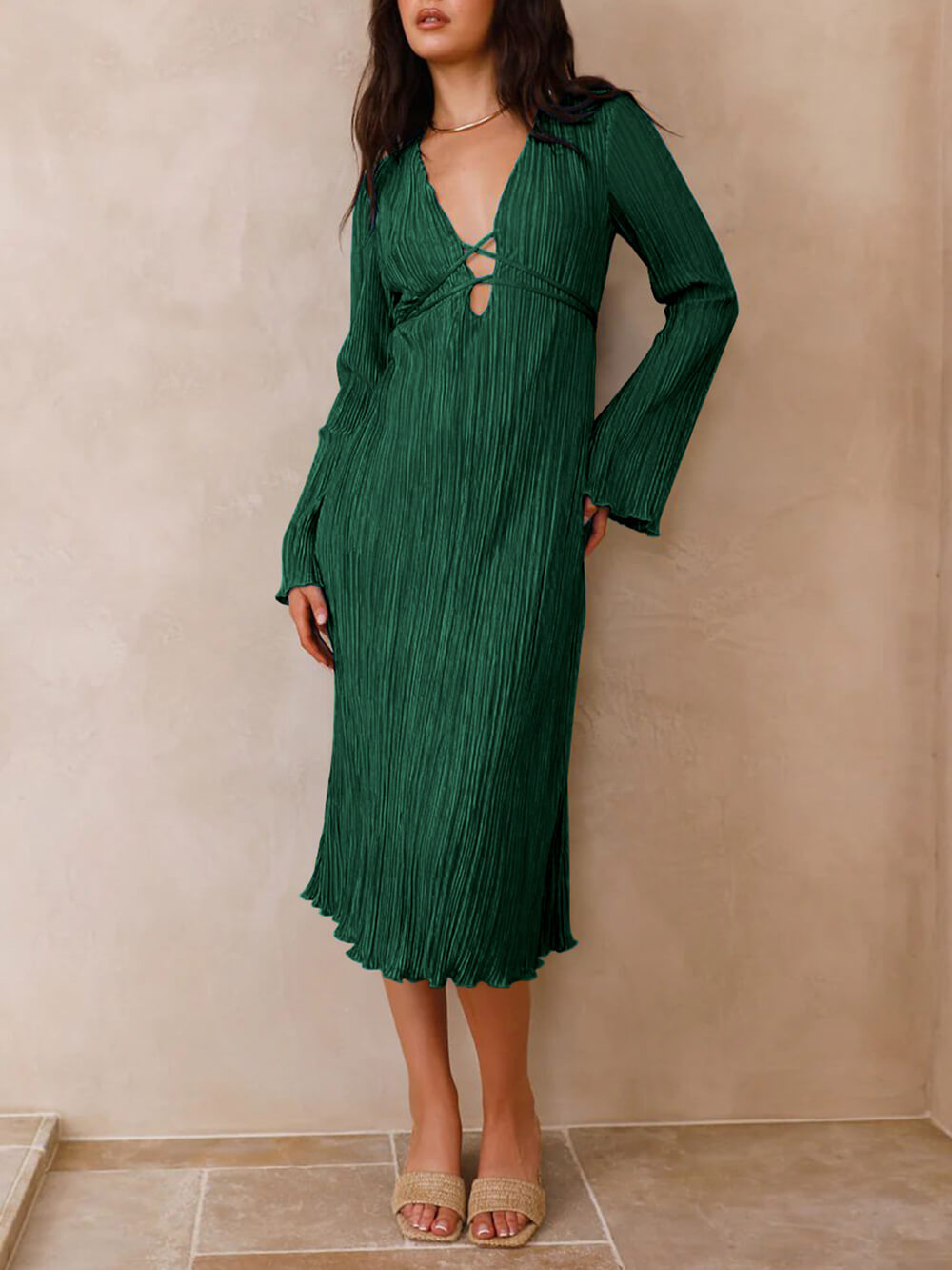 Lace-Up Plunging V-Neck Pleated Long Sleeve Empire Midi Dress