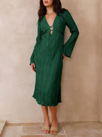 Lace-Up Plunging V-Neck Pleated Long Sleeve Empire Midi Dress