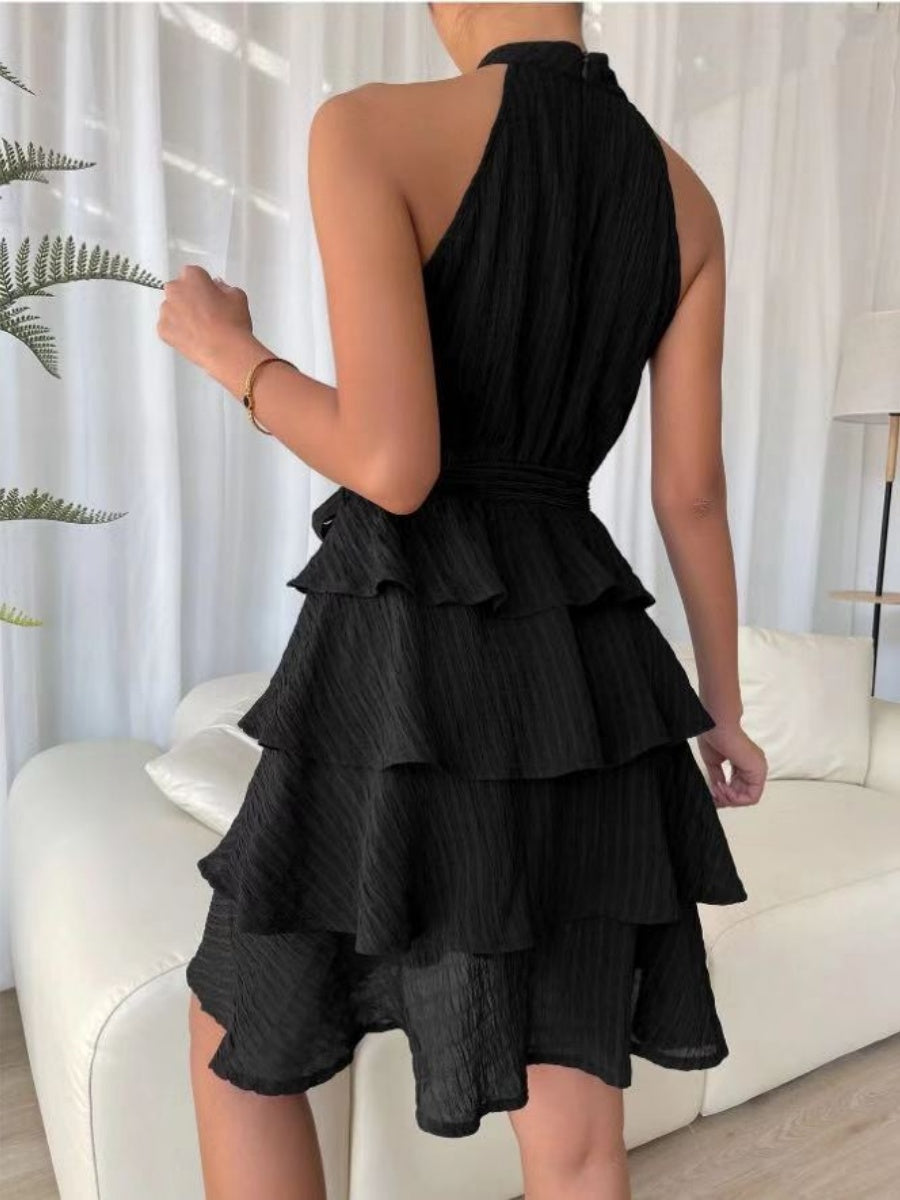 Halter Sleeveless Ruffle Black Mini&Short Dresses