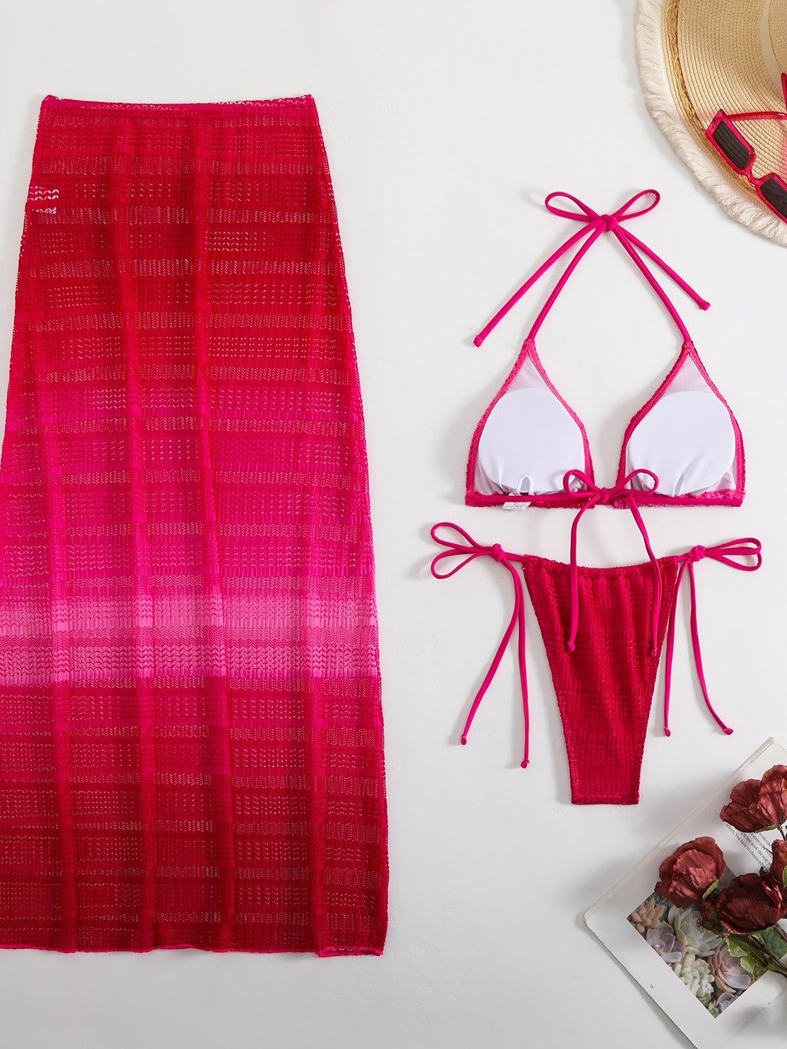 Gradient Mesh Bikini Beach Maxi Dress Three-piece Set