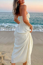 Strapless Waisted Corset Pleated Maxi Party Dress