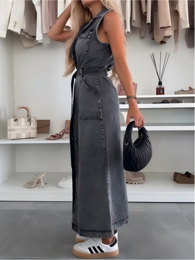 Sleeveless Tie-waist Single-breasted Denim Maxi Dress