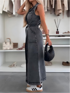 Sleeveless Tie-waist Single-breasted Denim Maxi Dress