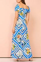 Square Collar Puff Sleeves High Waist Floral Print Maxi Dress